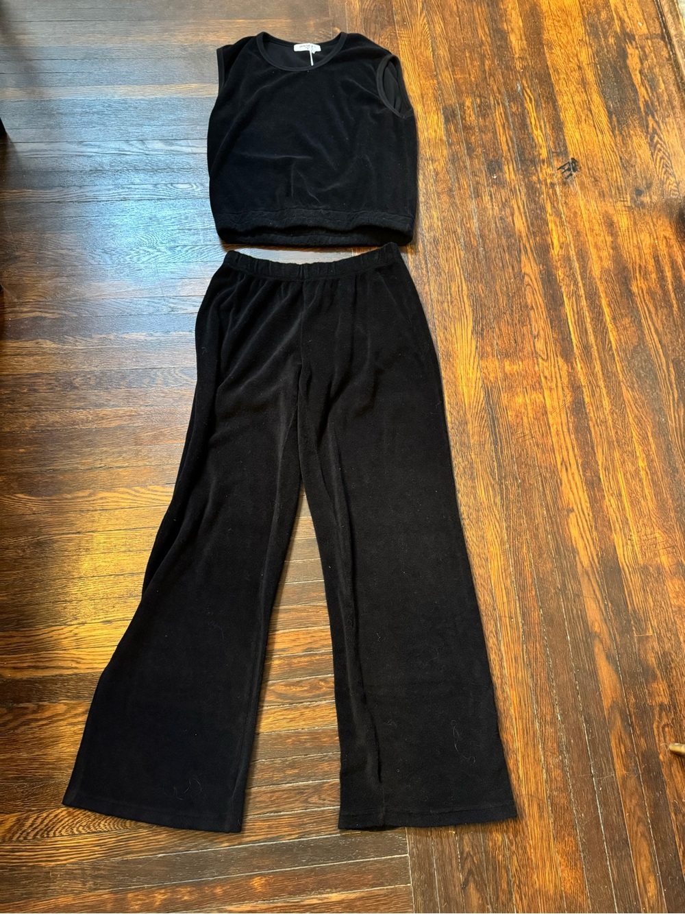 Black Terrycloth Two-Piece Crop Top and Wide Leg Pants